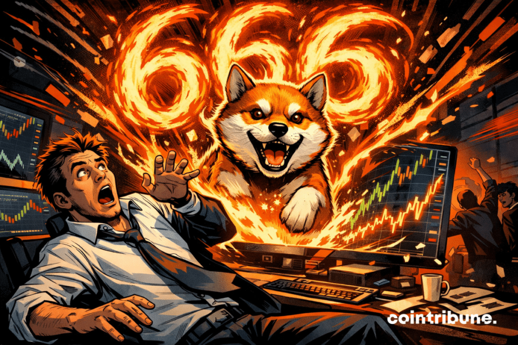 Un trader conmocionado retrocede cuando un Shiba Inu gigante surge de una pantalla, un vórtice naranja formando el 666, un caos financiero espectacular.