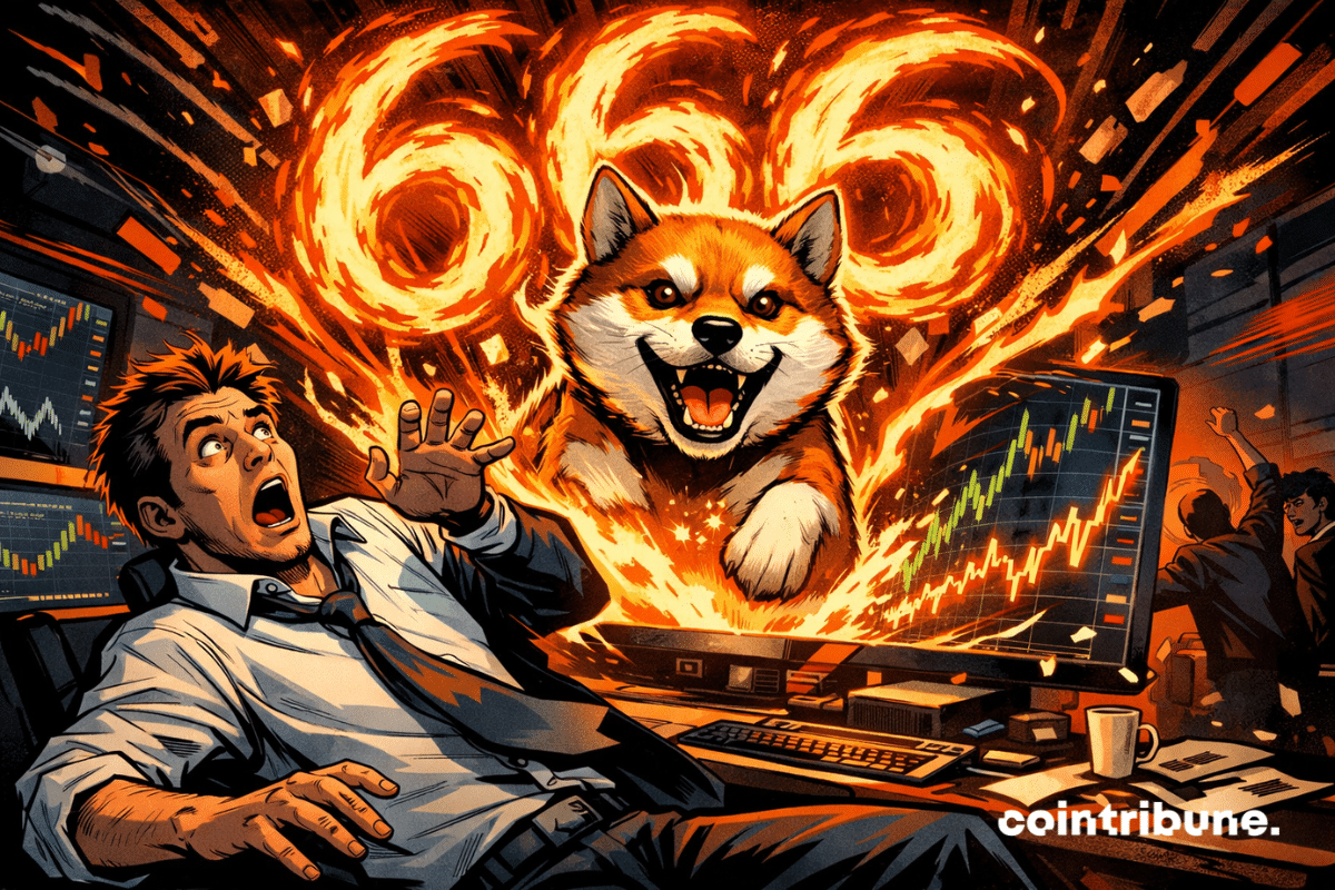 A shocked trader recoils as a giant Shiba Inu bursts from a screen, an orange vortex forming 666, spectacular financial chaos.