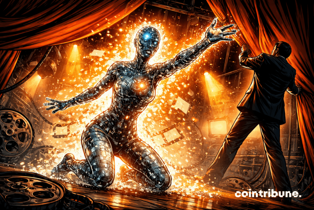 Une entité IA lumineuse s’effondre sur scène tandis qu’un homme en costume ferme le rideau, symbolisant l’abandon brutal de Sora.