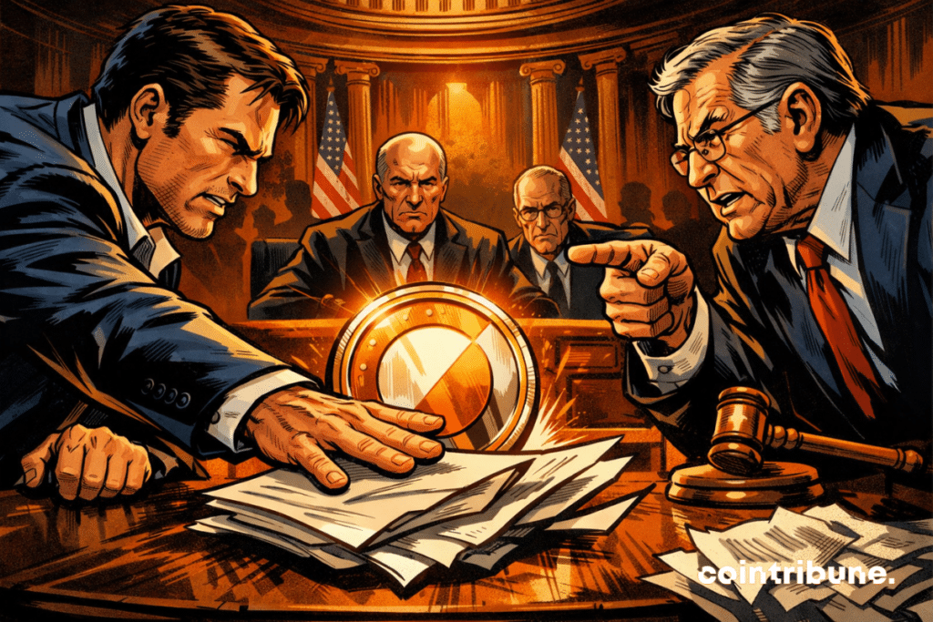 An explosive showdown in the U.S. Senate: Coinbase rejects a compromise on stablecoins amid political tension, dramatic orange lighting, and determined faces.