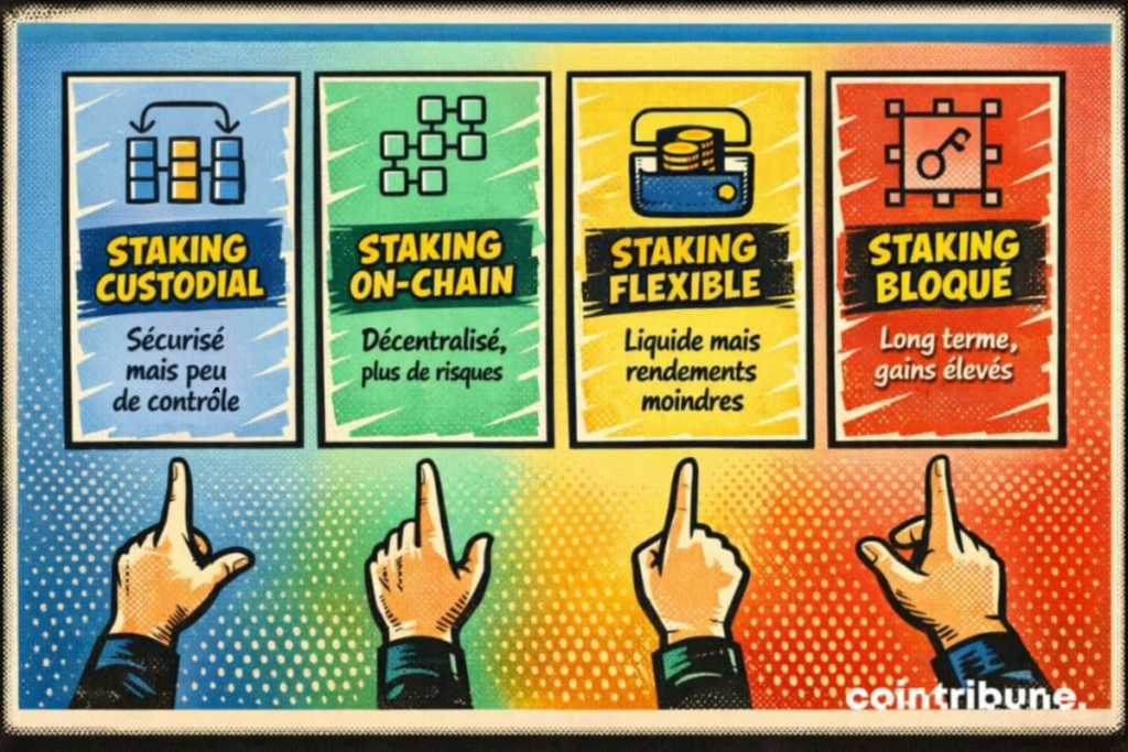 Aperçu des différentes options de staking avec les avantages et limites.