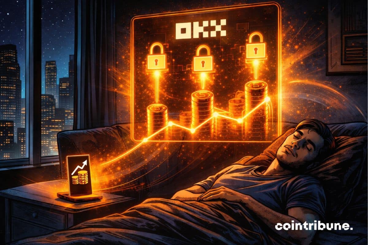 Illustration d’un investisseur générant des revenus passifs grâce au staking crypto sur OKX, avec un graphique de croissance et des actifs sécurisés.