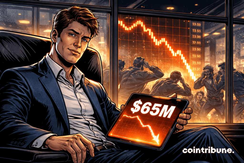 Sam Altman of World Foundation watches impassively as the price plummets on a glowing tablet, while WLD investors panic behind the glass; the atmosphere is somber, with extreme dramatic tension highlighted by orange lighting