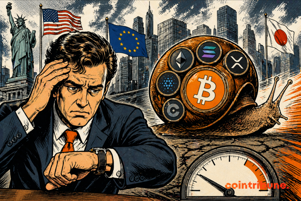 Illustration of a worried man looking at his watch, standing in front of a snail carrying crypto symbols such as Bitcoin, Ethereum, Solana and XRP. Flags of the United States, the European Union and Japan appear in the background, representing the slowdown in cryptocurrency adoption across developed economies.