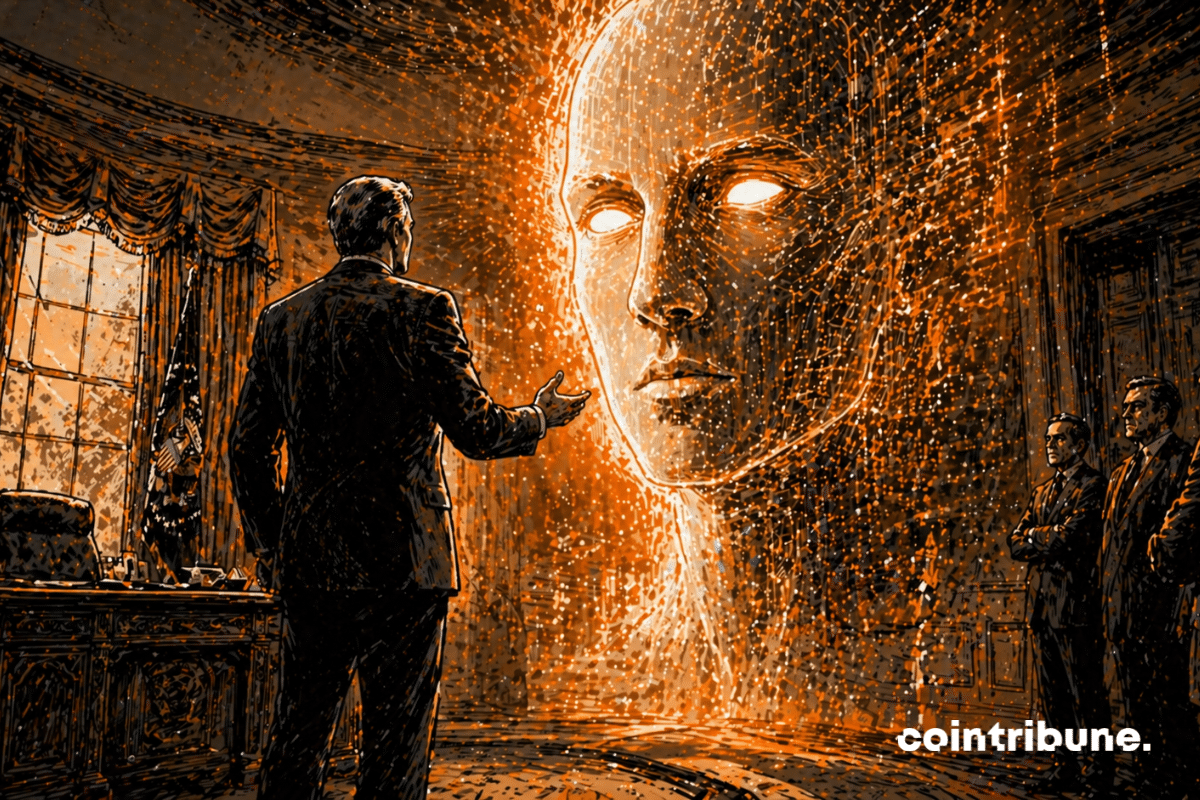In the Oval Office, a political figure stands facing a gigantic AI entity shaped like a glowing abstract face, symbolizing the conflict between Anthropic’s Claude Mythos and U.S. authorities.