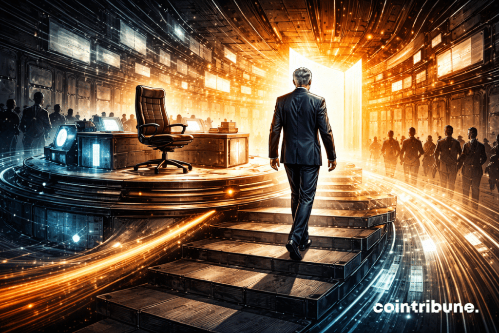 Una gran plataforma futurista representa una empresa tecnológica. Un dirigente (inspirado en Tim Cook sin ser identificable) desciende tranquilamente de esta plataforma, de espaldas o de perfil. Detrás de él, la plataforma sigue iluminada, pero comienza a cambiar su estructura o dirección. Delante de él, un camino o una apertura simboliza una nueva dirección estratégica para Apple.