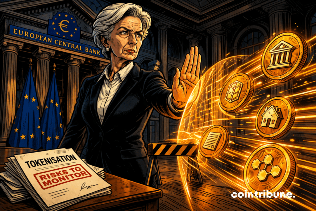 A government official sets up a light barrier, halting a stream of tokens, illustrating an innovation that is accepted but strictly controlled by a European authority