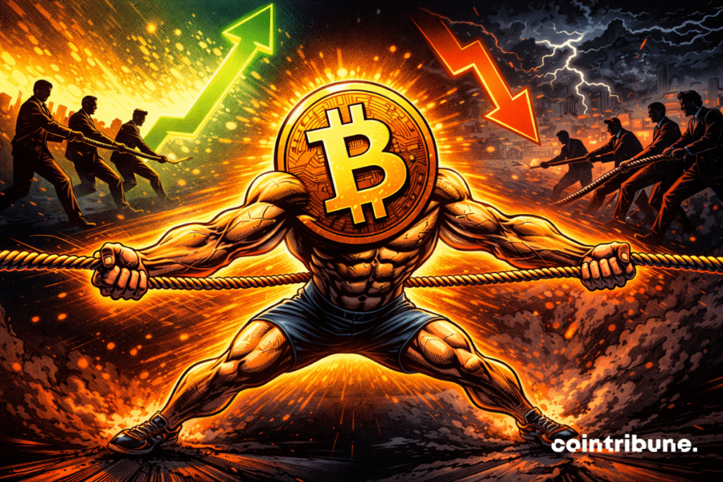 Un Bitcoin musclé est tiré violemment entre deux camps opposés, illustrant un marché incertain partagé entre hausse et chute imminente