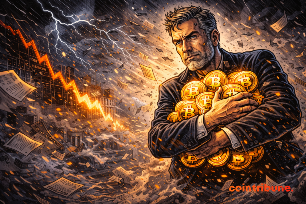 A determined man is safeguarding a stash of Bitcoin amid a financial storm, unfazed by the sharp market downturn around him