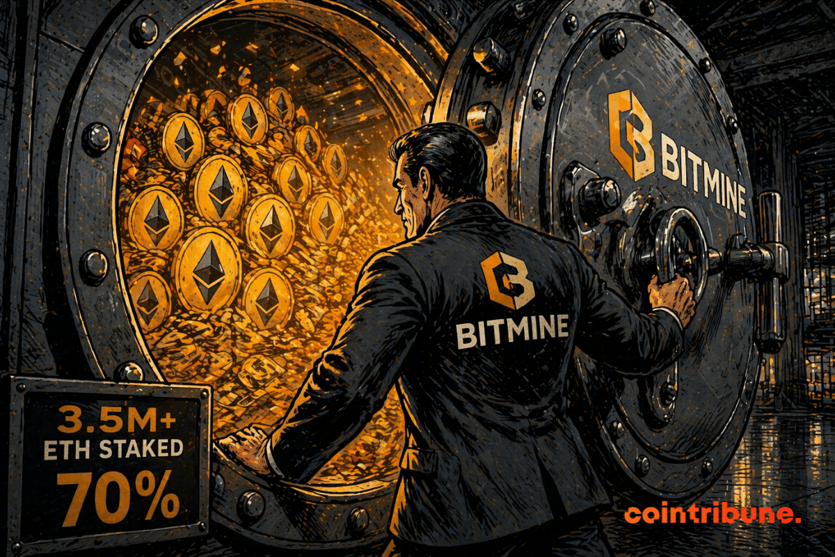 A man locks a massive vault filled with gleaming Ethereum, symbolizing financial power, strategic accumulation, and growing dominance in the crypto market