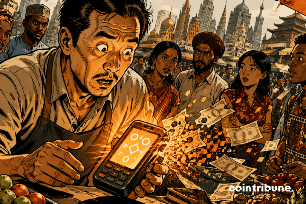 Um comerciante observa com surpresa seu terminal de pagamento. A tela exibe símbolos alternativos ao dólar junto com o número ‘30’, simbolizando o novo sistema de pagamento desenvolvido pela China e pela Indonésia, dois membros do BRICS.