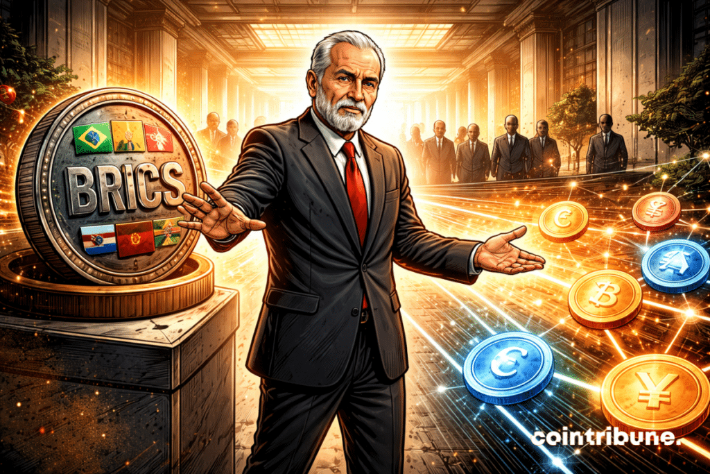 Lula observes an abstract global monetary system, symbolizing BRICS alternatives to the dollar.