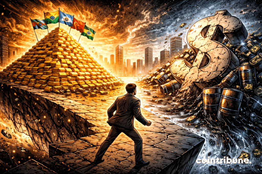 Un bloc d’or massif monte alors qu’une structure du dollar s’effondre, ce qui symbolise le renforcement des réserves des BRICS.