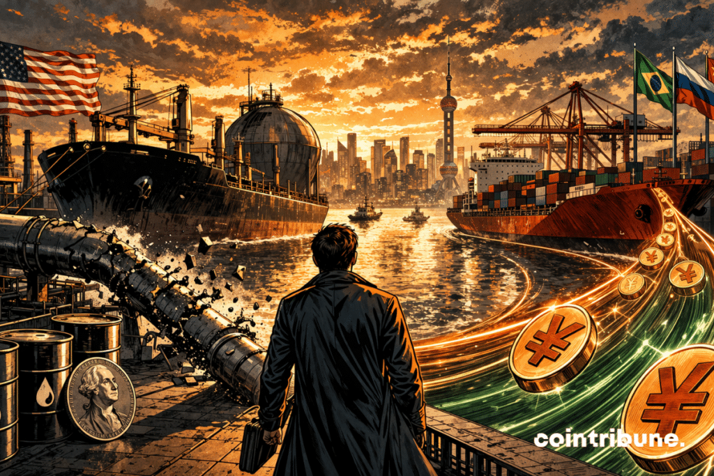 A massive pipeline or tanker symbolizing the petrodollar visibly cracks, while another stylized sea flow, structured with yuan-inspired tokens or abstract symbols, accelerates and reflects BRICS transactions.