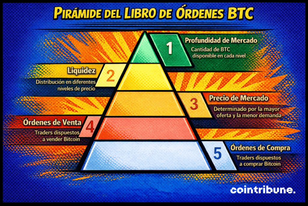 Un infográfico titulado “Pirámide del Libro de Órdenes BTC” que ilustra la estructura de un libro de órdenes BTC, incluyendo profundidad de mercado, liquidez en diferentes niveles de precio, formación de precio de mercado, órdenes de venta y órdenes de compra.