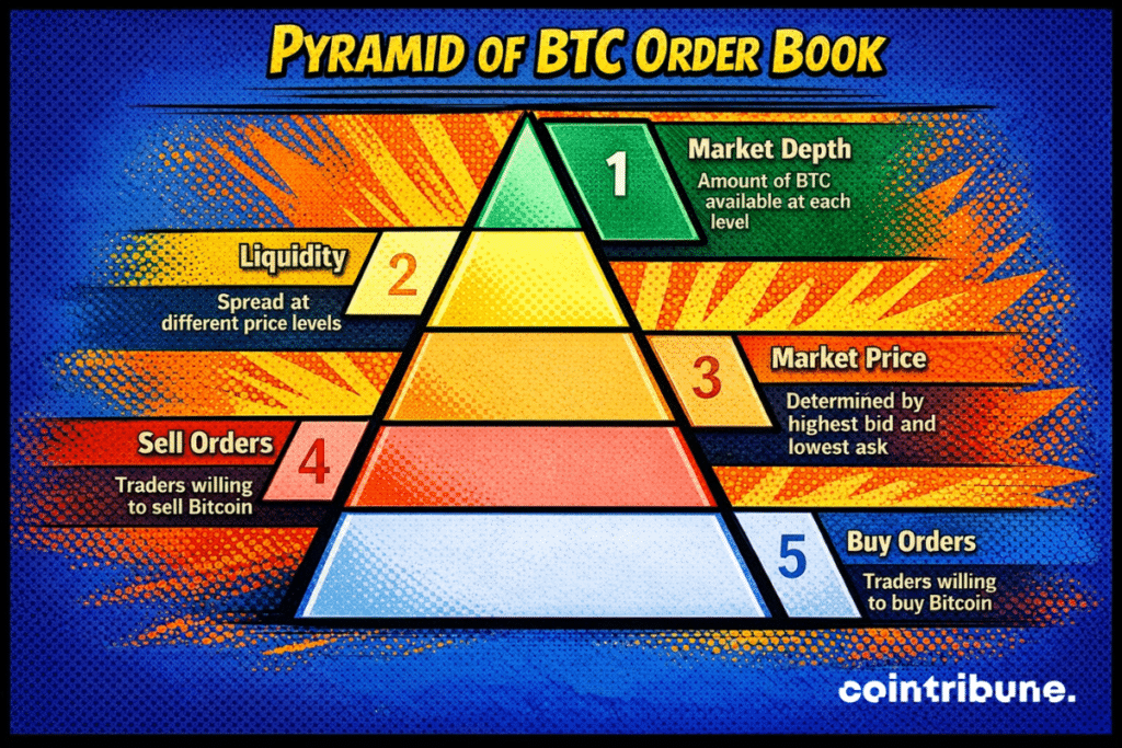 An infographic titled “Pyramid of BTC Order Book” illustrating the structure of a BTC orderbook, including market depth, liquidity across price levels, market price formation, sell orders, and buy orders.