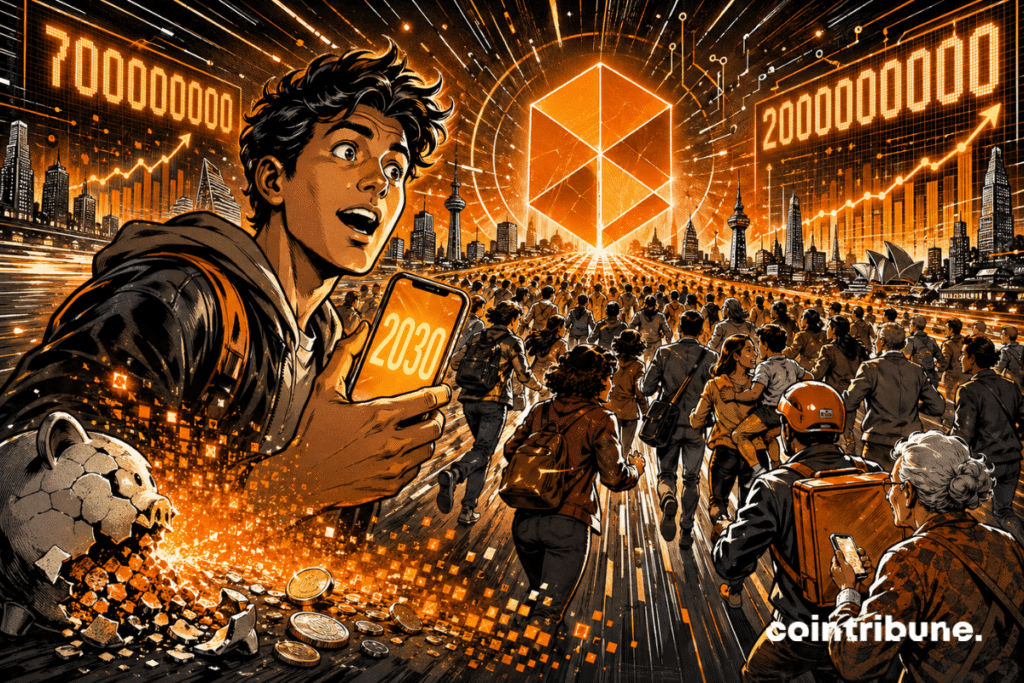Comic-style illustration of a global crowd moving toward an orange crypto symbol, with the numbers 700000000, 2000000000, and 2030.