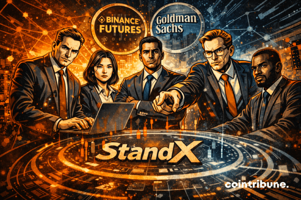 Illustration de professionnels de la finance analysant les marchés autour d’une plateforme numérique StandX, avec les logos de Binance Futures et Goldman Sachs en arrière-plan, symbolisant la convergence entre le trading crypto et la finance traditionnelle.