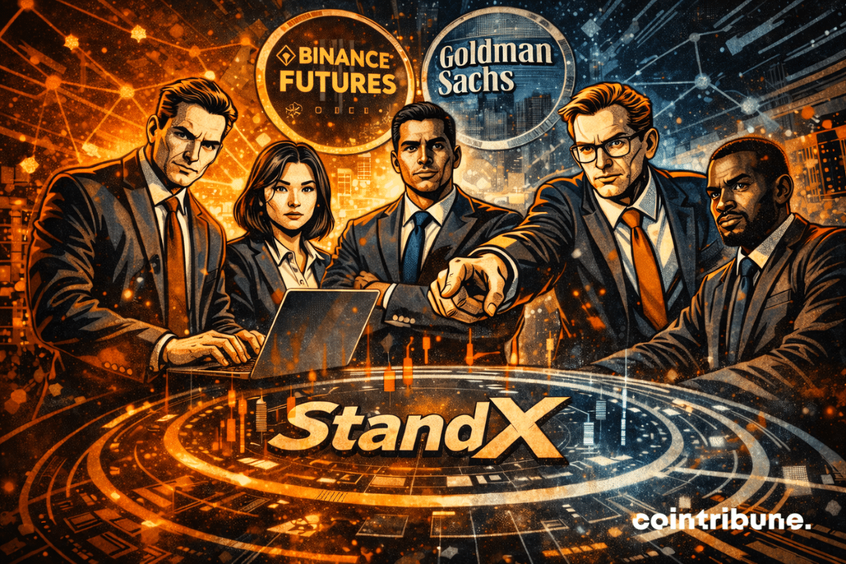 Illustration de professionnels de la finance analysant les marchés autour d’une plateforme numérique StandX, avec les logos de Binance Futures et Goldman Sachs en arrière-plan, symbolisant la convergence entre le trading crypto et la finance traditionnelle.