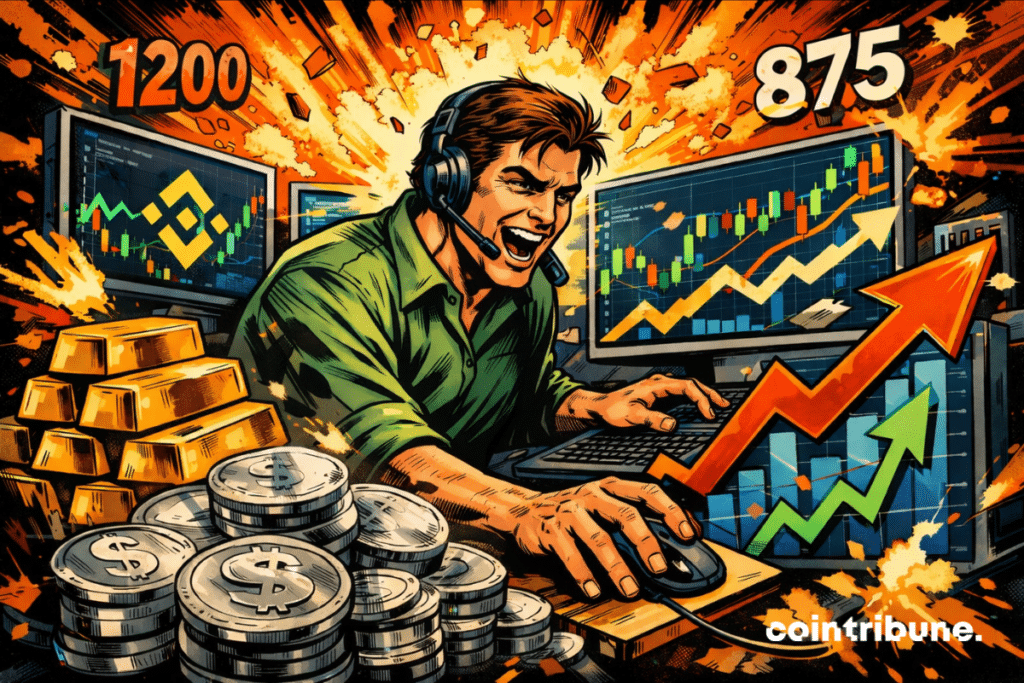 Ilustração de um trader em plena euforia diante de telas de trading exibindo gráficos em alta e o logotipo da Binance, cercado por moedas e barras de ouro, simbolizando a dominância da Binance nos mercados de contratos perpétuos e o forte aumento dos volumes.