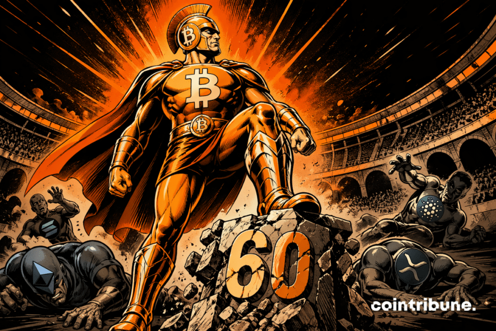 Bitcoin hero dominating an arena, standing on a shattered “60,” other cryptocurrencies lying on the ground.