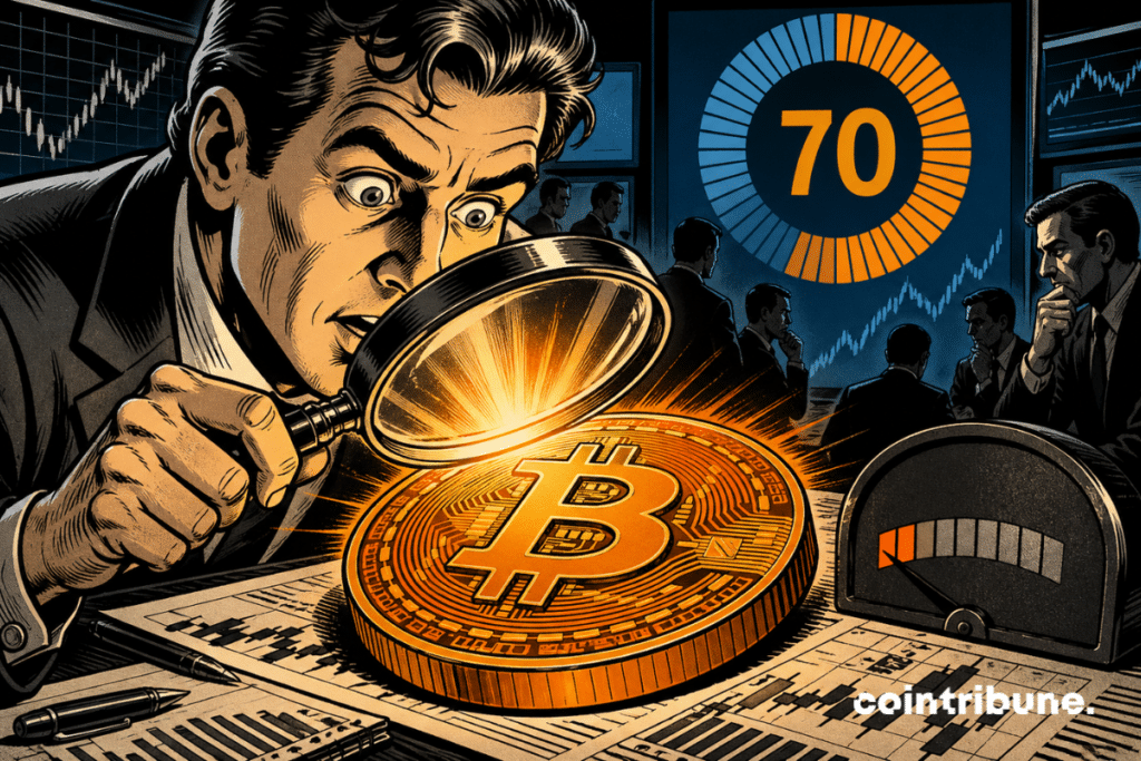 Investisseur observant un Bitcoin lumineux à la loupe, avec un indicateur 70 en arrière-plan.