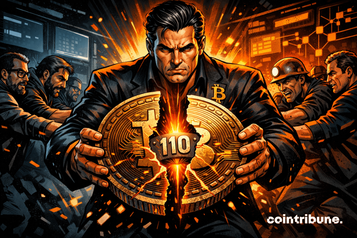 Illustration BD d’un Bitcoin fissuré entre deux camps opposés.