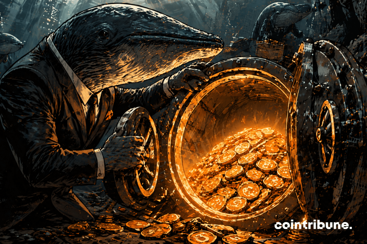 Dans un coffre-fort géant sous-marin, une baleine découvre une montagne de bitcoins.