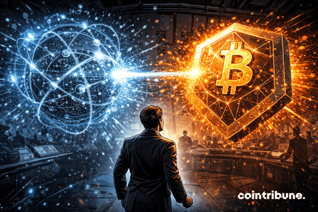 À gauche, une structure quantique abstraite très active ; à droite, un Bitcoin solide monté sur un socle stable. Entre les deux, il y a un champ d’énergie absorbe le choc.