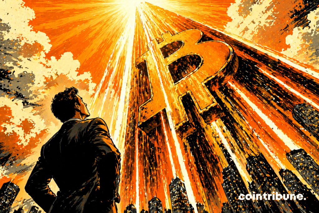 A Bitwise representative admires a Bitcoin structure.