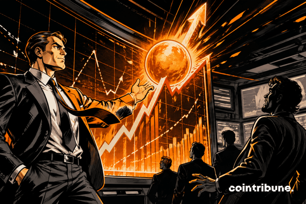 An analyst embodying BlackRock observes an abstract, relief-like chart composed solely of dynamic lines and shapes. The main curve surges upward in a powerful trajectory, taking on an almost physical form, like a wave of energy. At the heart of this rise, a Bitcoin-inspired sphere radiates an intense orange glow.