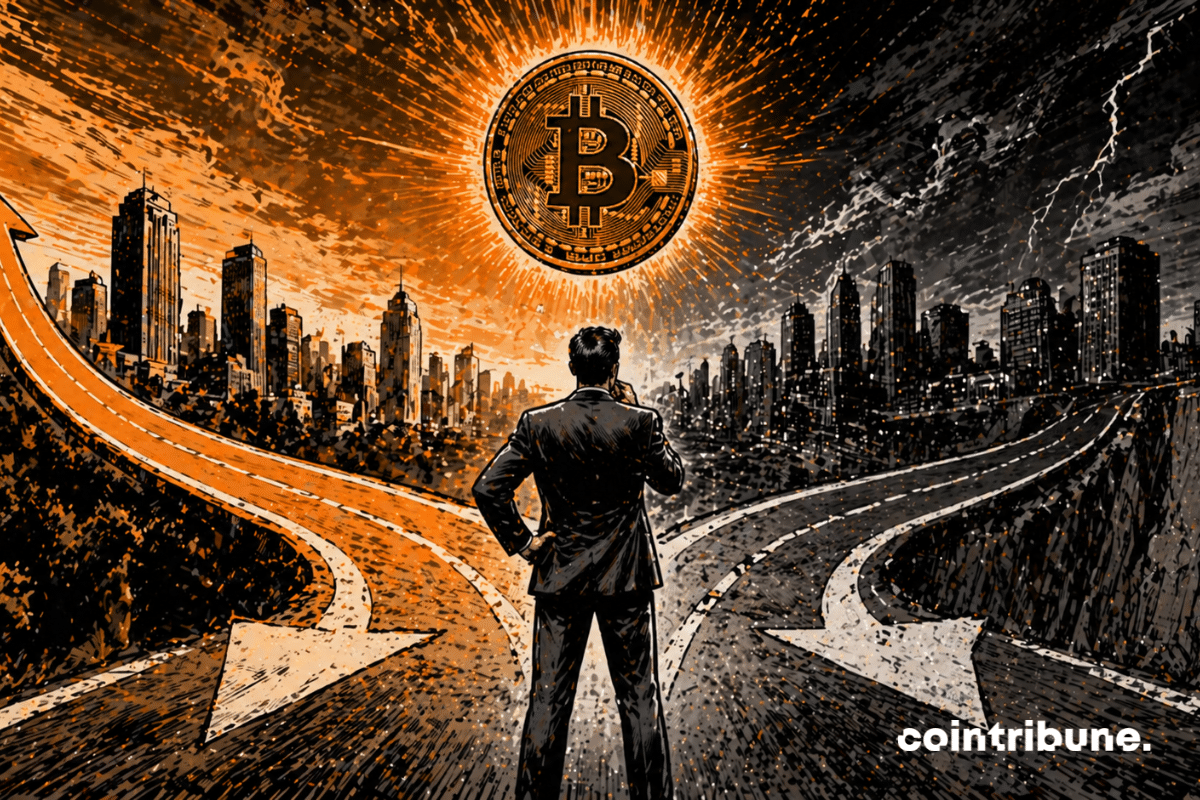 Un investisseur est immobile entre deux routes. Un bitcoin oscille au-dessus de sa tête.