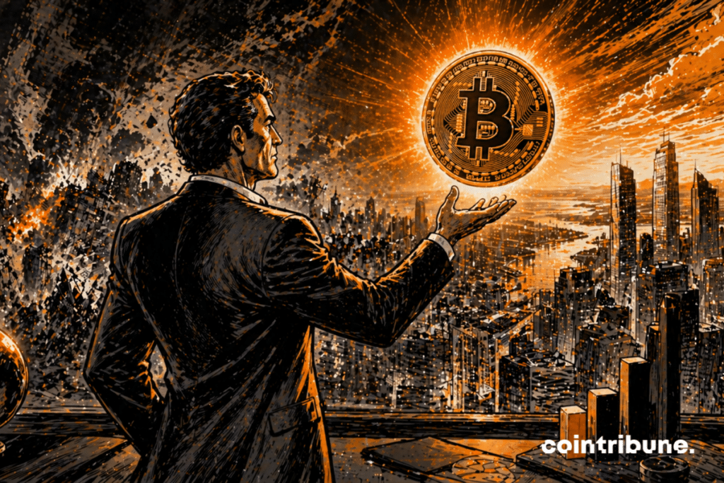 Le Bitcoin flotte au-dessus de la main d’un investisseur visionnaire (Tim Draper) comme un outil stratégique.
