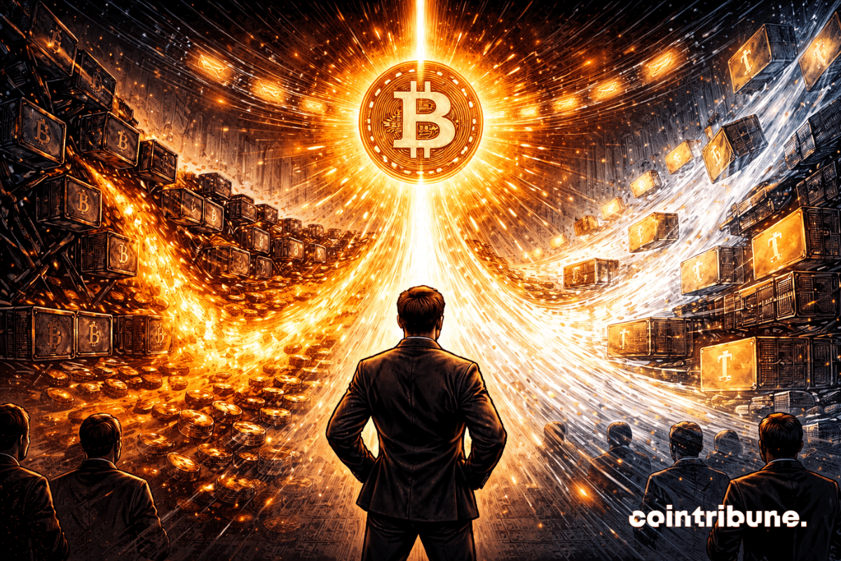 Un Bitcoin abstrait s’élève vers le haut, malgré la pression venant du secteur du mining. Les flux ETF dominent visuellement le poussant vers le haut.