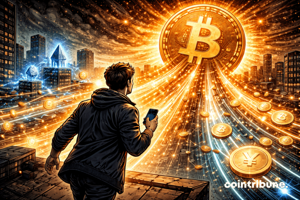 A trader notices a glowing bitcoin attracting capital associated with an ETF.