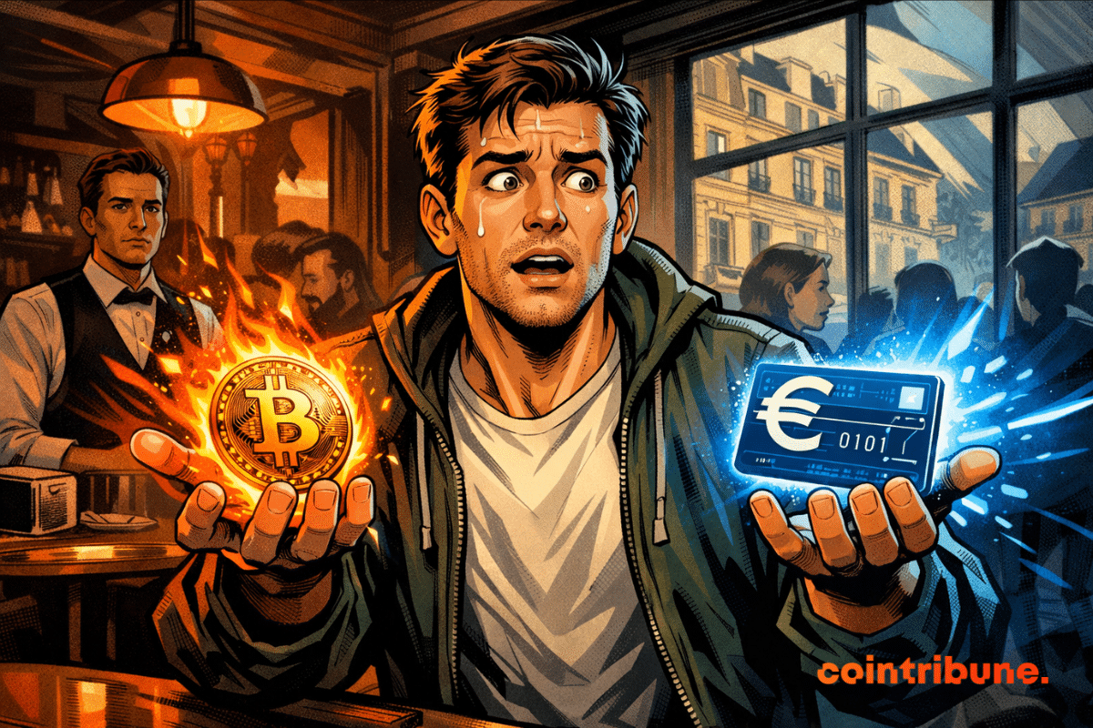 Illustration d’un homme hésitant entre Bitcoin en feu et un euro numérique représenté sur un écran, symbolisant le choix entre décentralisation et contrôle monétaire en Europe.