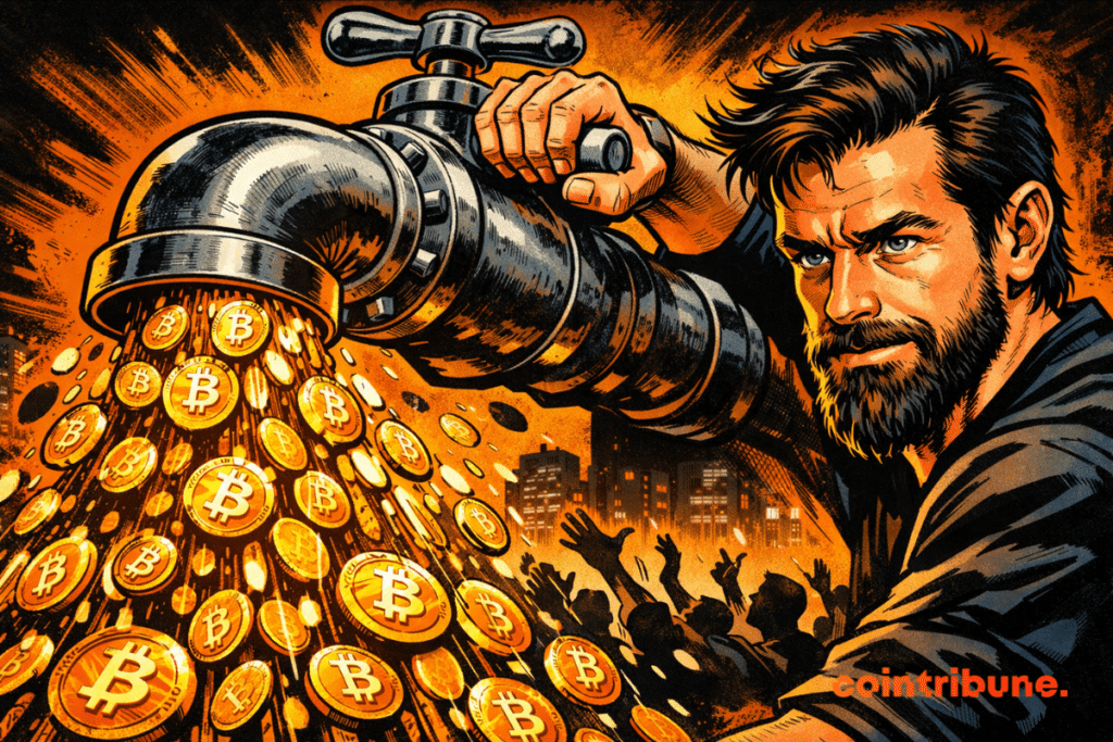 Illustration of Jack Dorsey opening a faucet, pouring bitcoin coins into the crowd, symbolizing the return of the bitcoin faucet and free access to BTC