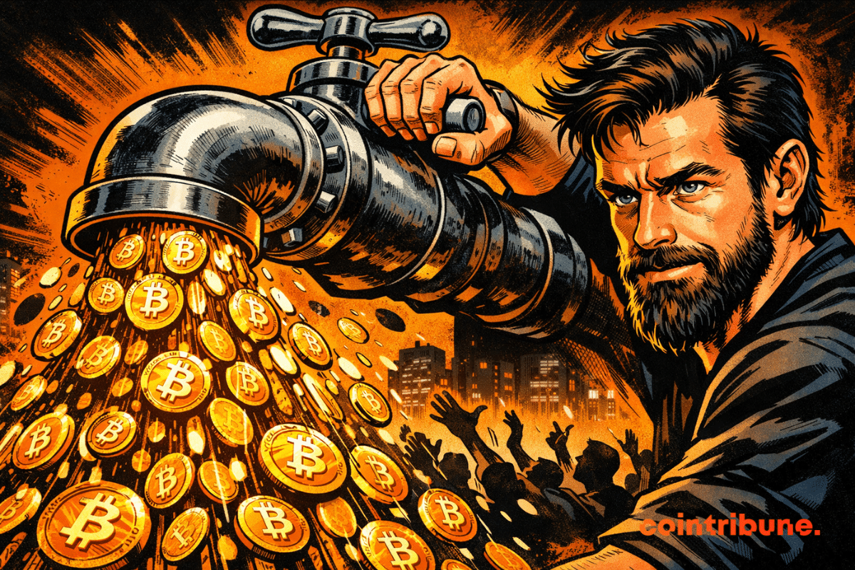 Illustration de Jack Dorsey ouvrant un robinet déversant des pièces de Bitcoin sur une foule, symbolisant le retour du Bitcoin Faucet et l’accès gratuit au BTC