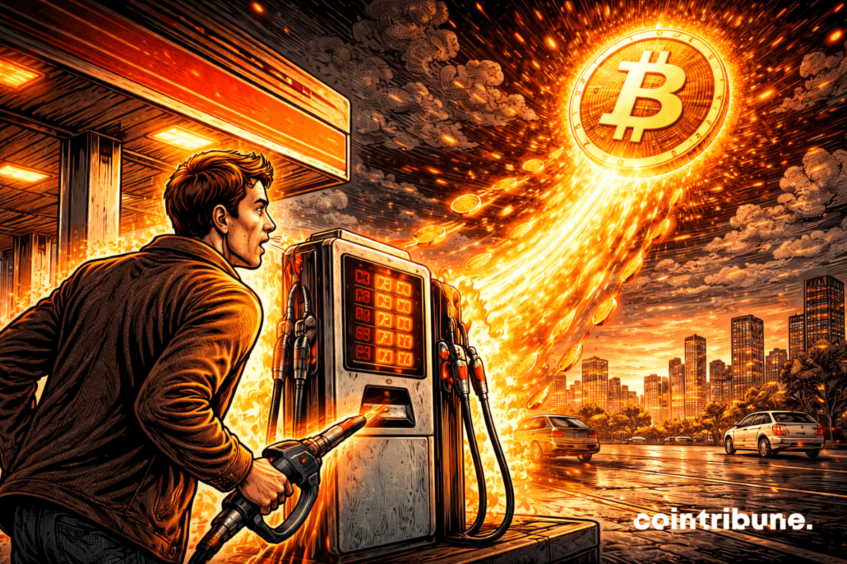 Dans une station-service, un trader observe la flambée du prix de l’essence alors qu’une pièce géante de Bitcoin monte dans le ciel.