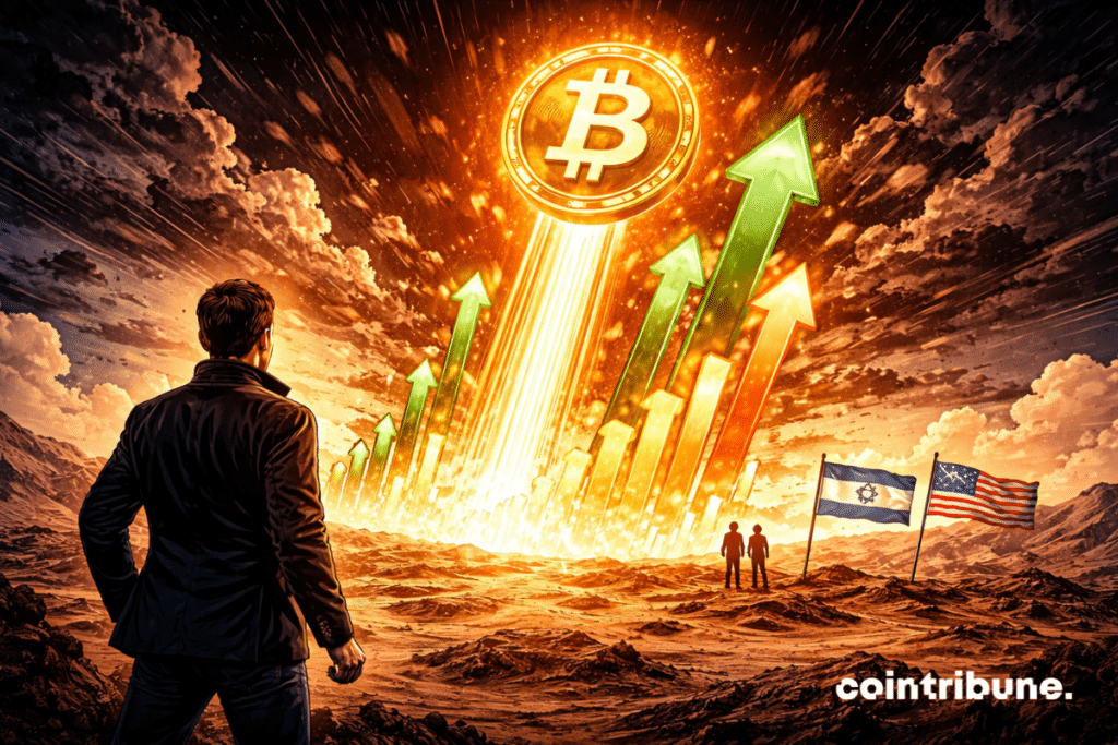 Dans le désert au loin, un grand Bitcoin et des barres de marché lumineuses montent à partir d’une ligne d’horizon qui s’éclaircit, ce qui symbolise la fin probable de la guerre en Iran.