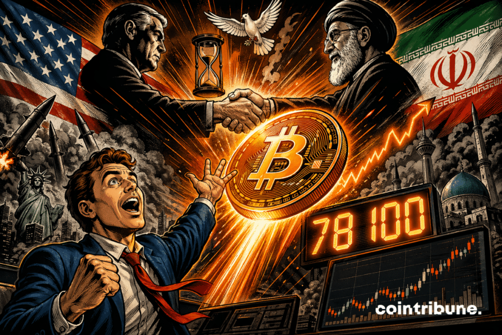 A giant Bitcoin rises at the center, a trader celebrates in the foreground, with a handshake symbolizing the truce between the U.S. and Iran in the background