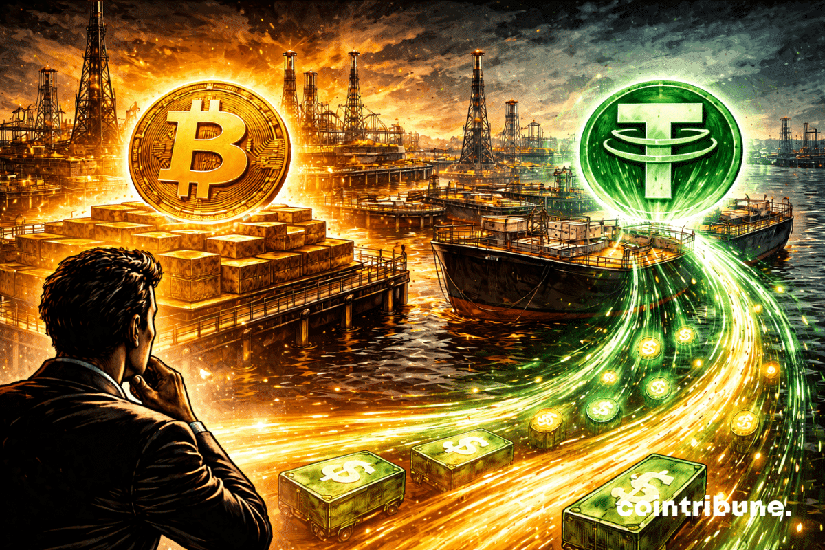 Dans un port pétrolier en Iran, une structure solide et lumineuse représentant le Bitcoin, est posée comme une réserve stable. Des flux lumineux rapides et fluides (USDT) circulent entre les navires et les installations, symbolisant les paiements. Les deux coexistent sans se mélanger, montrant leur rôle distinct.