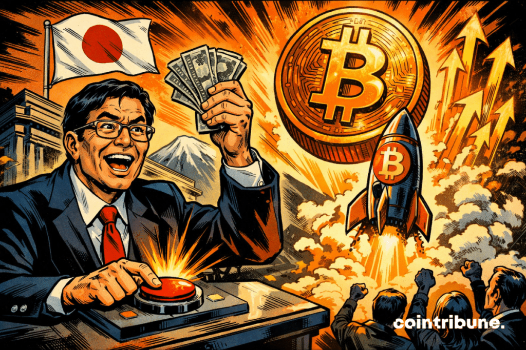 Banquero japonés lanzando un cohete Bitcoin.