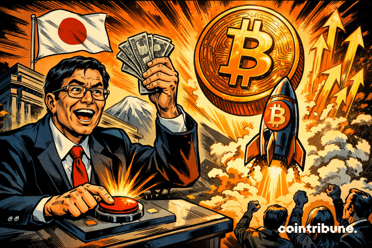 Japanese banker launching a Bitcoin rocket.