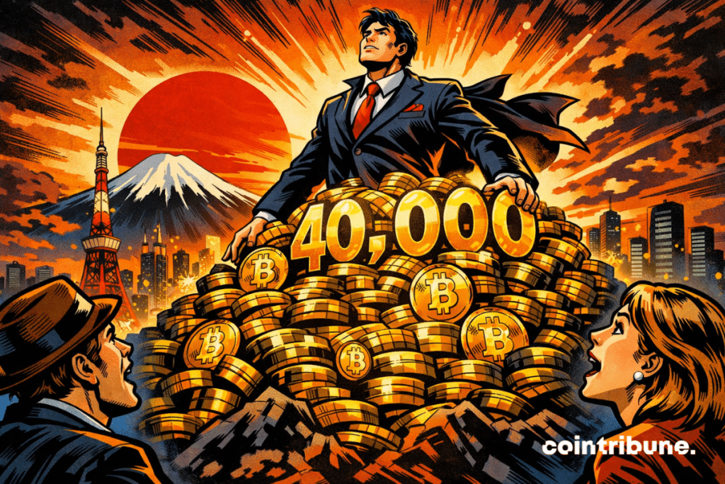 a man in a suit standing on a mountain of Bitcoin coins