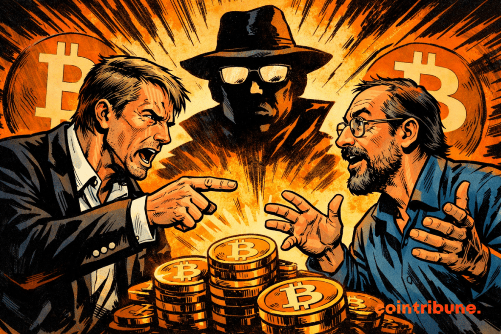 Illustration of a heated debate between Michael Saylor and Adam Back, under the shadow of Satoshi Nakamoto, with Bitcoin coins in the background.