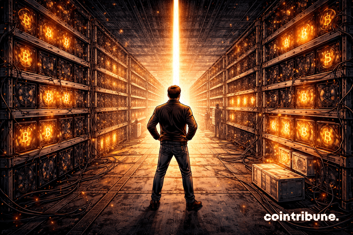 Une longue rangée de machines de mining de Bitcoin encore actives, mais une ligne lumineuse au fond coupe visuellement l’espace en deux, comme un halving imminent.