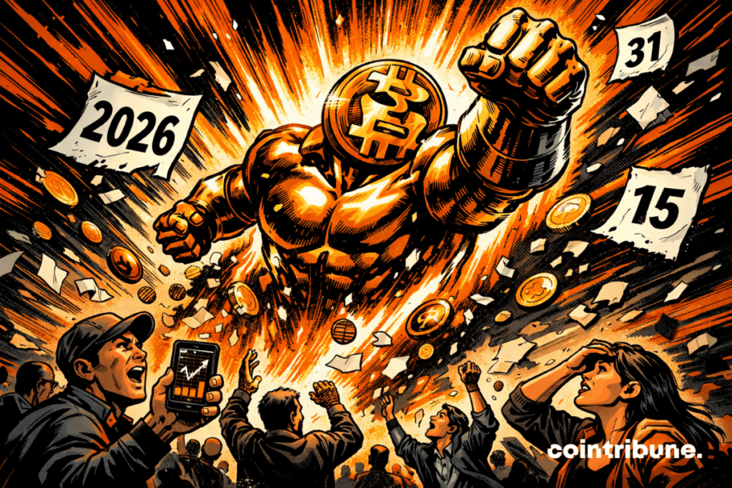 A giant, personified Bitcoin launching toward the sky in an orange explosion