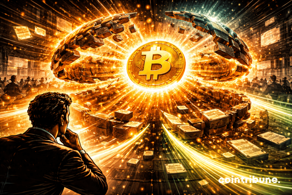An immense abstract circular structure representing the Bitcoin options market. This structure is partially disintegrating: segments are disappearing or fragmenting. At the same time, other segments are reforming differently, suggesting a redefinition of prices. Bitcoin stands at the center of this transformation.