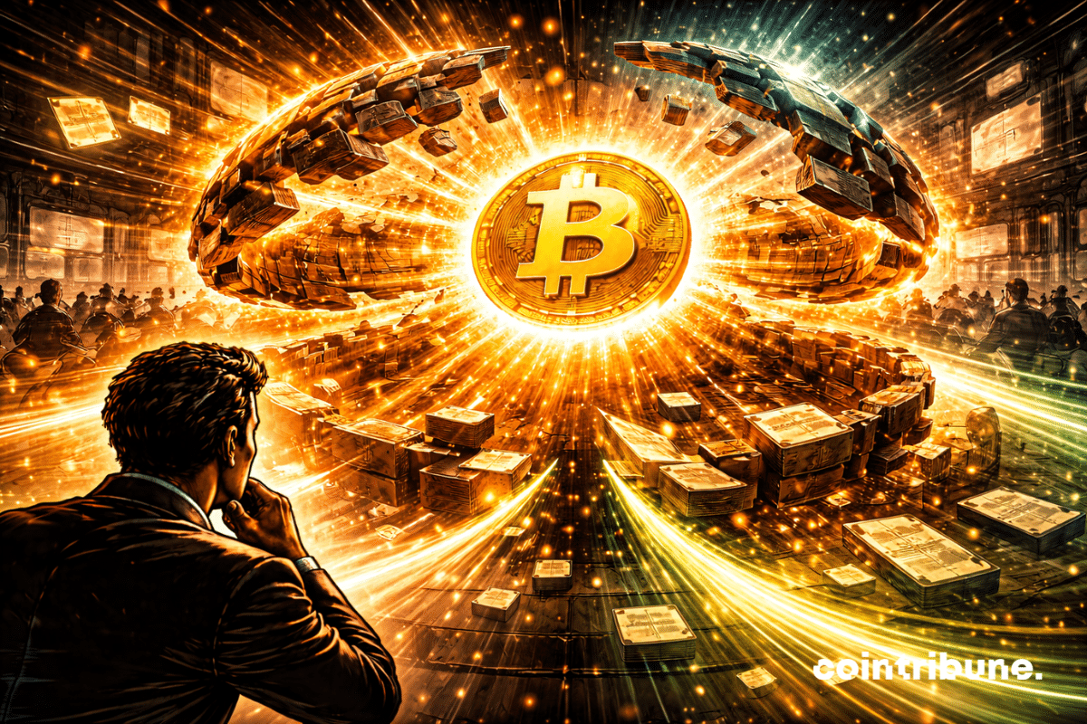 An immense abstract circular structure representing the Bitcoin options market. This structure is partially disintegrating: segments are disappearing or fragmenting. At the same time, other segments are reforming differently, suggesting a redefinition of prices. Bitcoin stands at the center of this transformation.